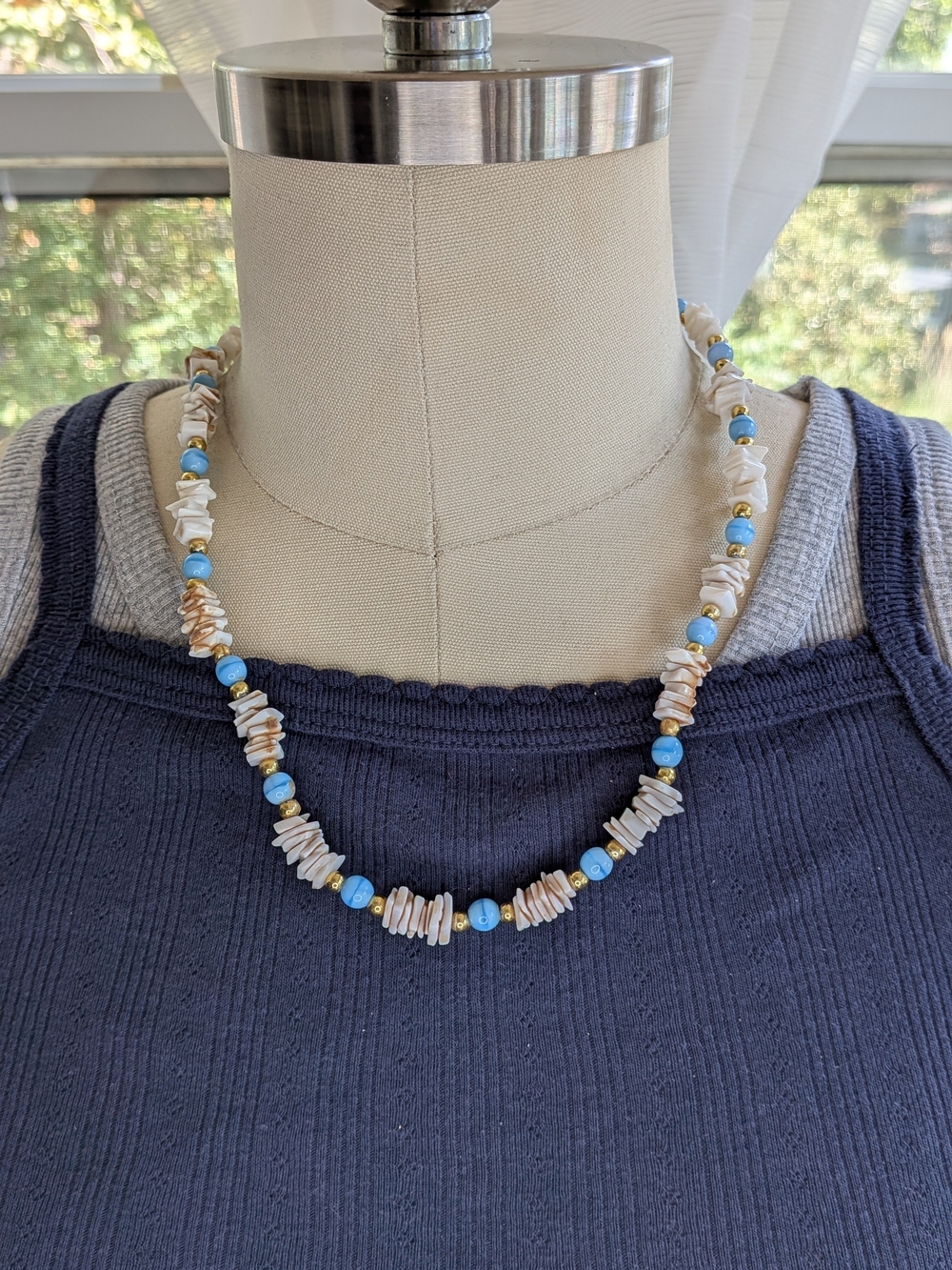 Vintage Natural White Shell Chip & Light Blue Swirl Bead Strand Necklace